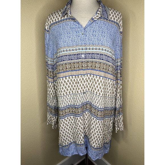 J. Jill Tunic Shirt Large Top Button Down Print Boho Beachy Blue Tan 42" Spring - Picture 1 of 11